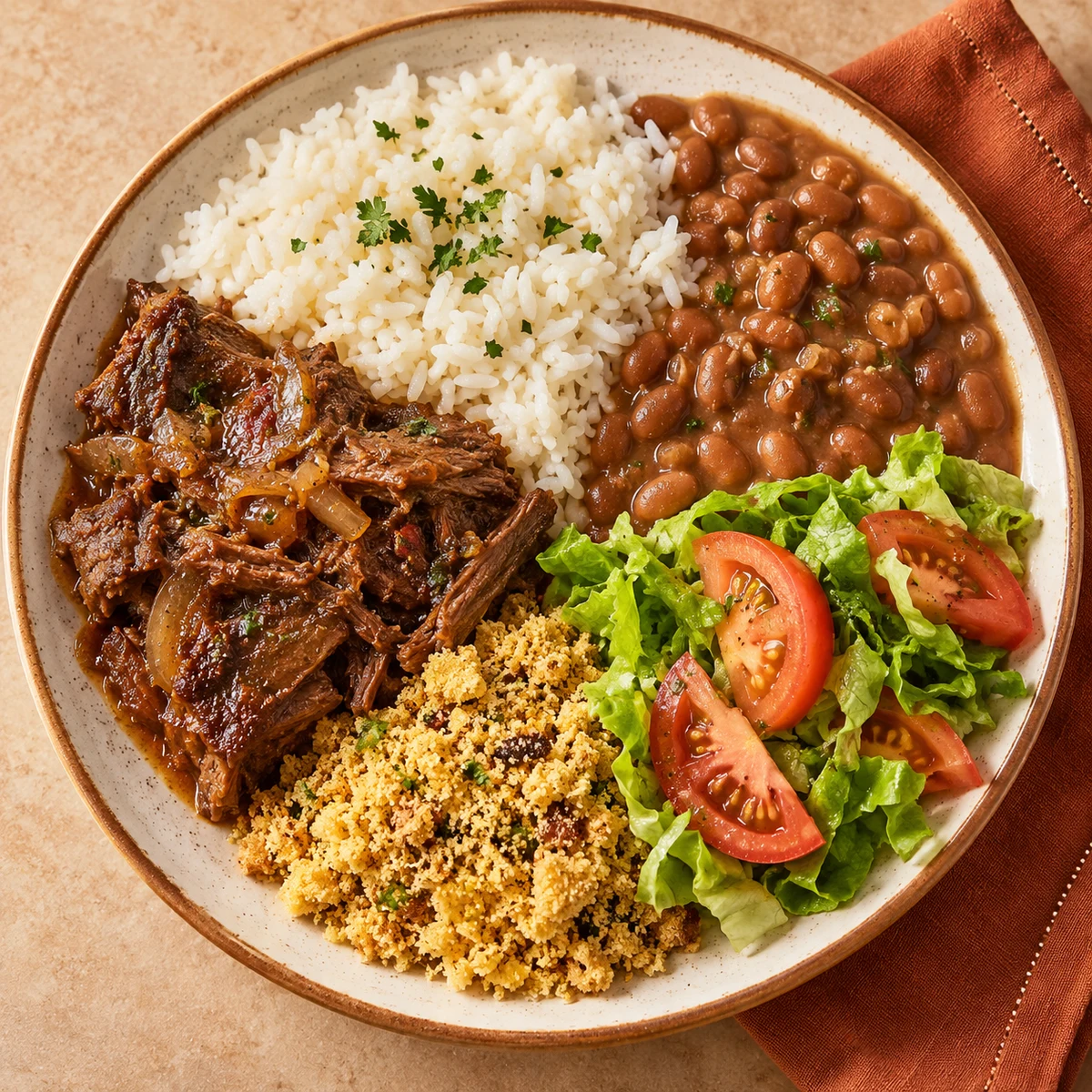 Prato de arroz, feijão, carne e salada — imagem ilustrativa de comida caseira
